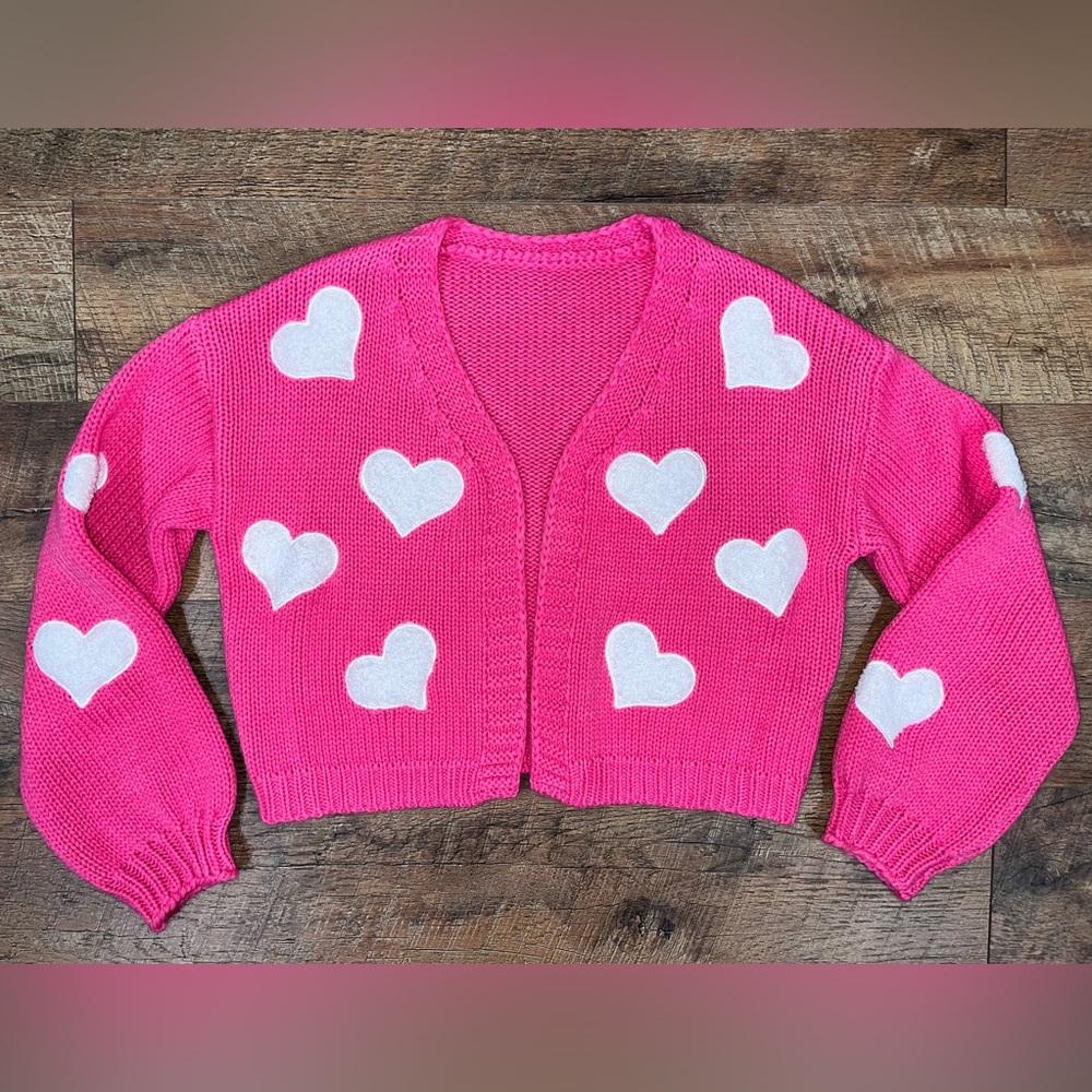 Pink with White Hearts Cardigan Barbie Sweater Valentine’s Day Scandi Girl - Picture 7 of 14